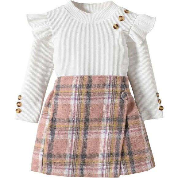 Toddler Girl Fall Winter Clothe Ruffles Long Sleeve Shirt and Plaid Shorts Skirt